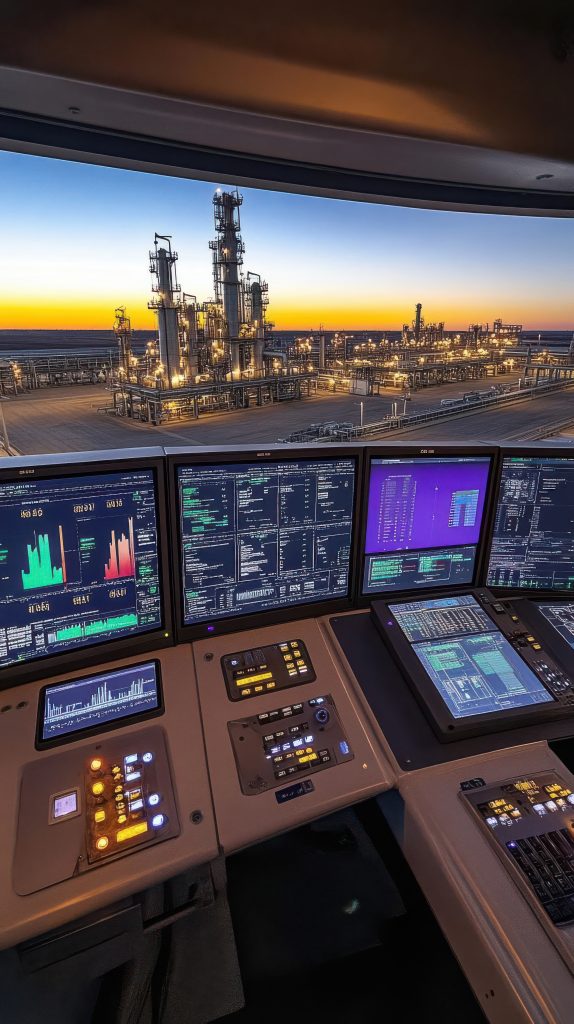 Conformal coating Control Room With Monitors Displaying Data Overlooking Industrial Facility Sunset 574x1024